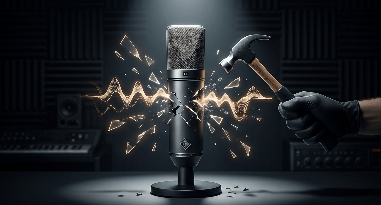 An illustrated audio workstation with waveform panels, meters, and headphones on a desk.