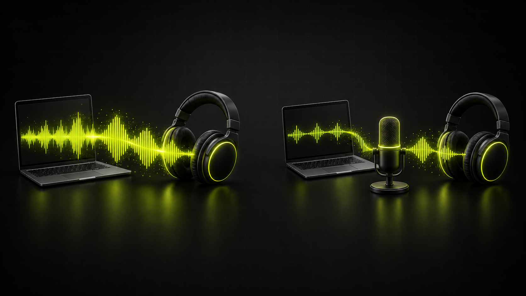 Dua adegan headphone dan laptop: gelombang lebar untuk mendengarkan serta gelombang lebih sempit yang berlawanan arah untuk percakapan dengan mikrofon.