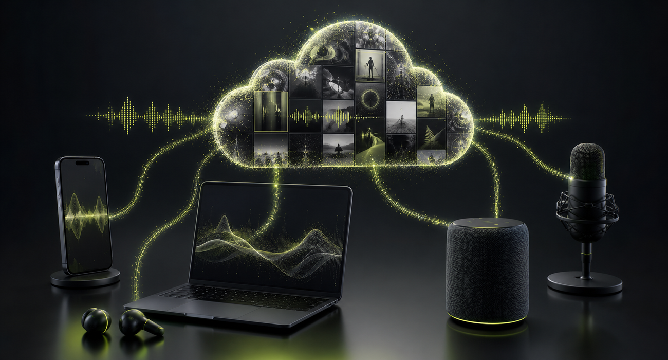 Una libreria audio cloud illustrata che sincronizza forme d’onda e schede audio tra telefoni, laptop, speaker, auricolari e microfoni.