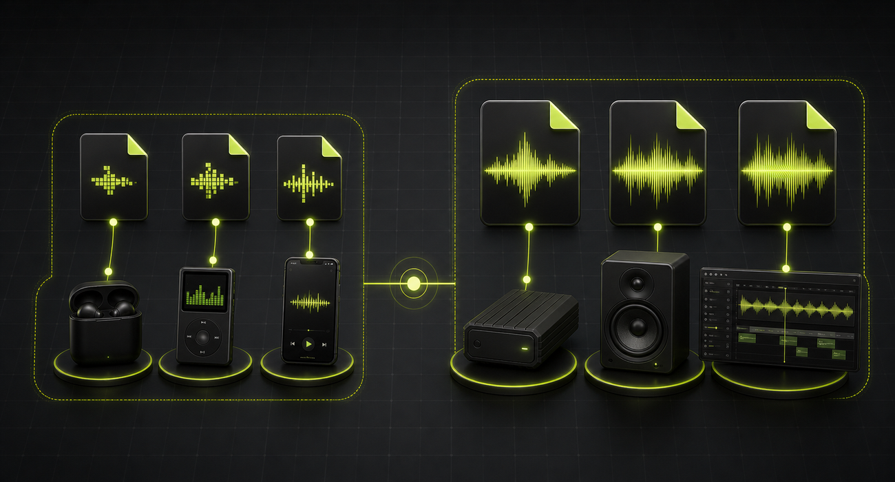 Une carte illustrée des formats séparant MP3, AAC et Opus de FLAC, WAV et ALAC, entourée d’appareils et d’outils d’édition.