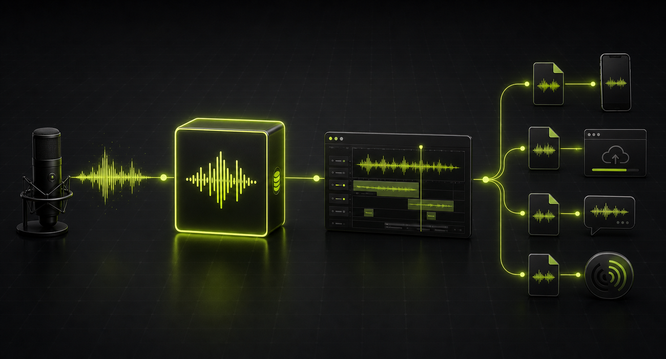 Un flux de travail audio illustré allant de l’enregistrement source au master sans perte, puis à la session de montage et aux petites copies de partage.
