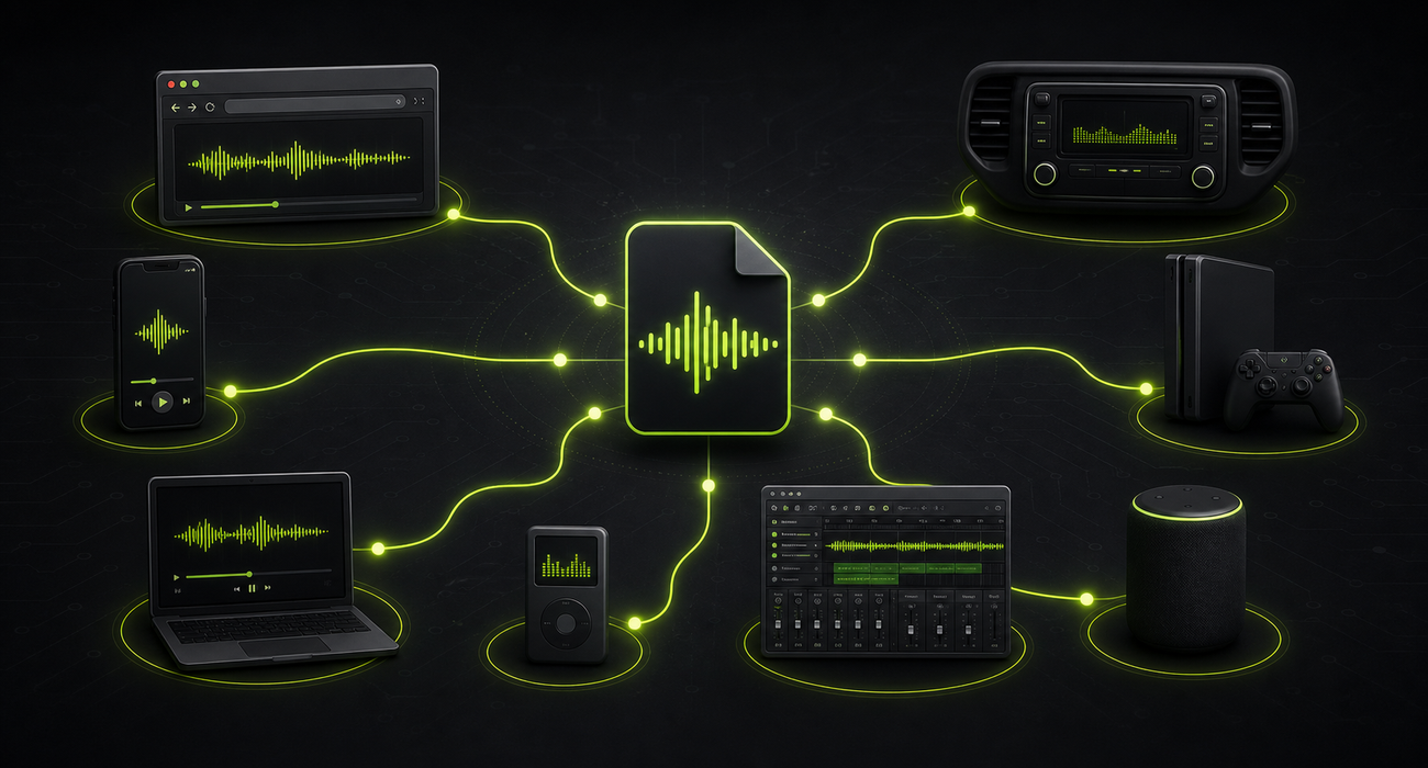 An illustrated compatibility map connecting one audio file to browsers, phones, laptops, car stereos, smart speakers, and editing tools.