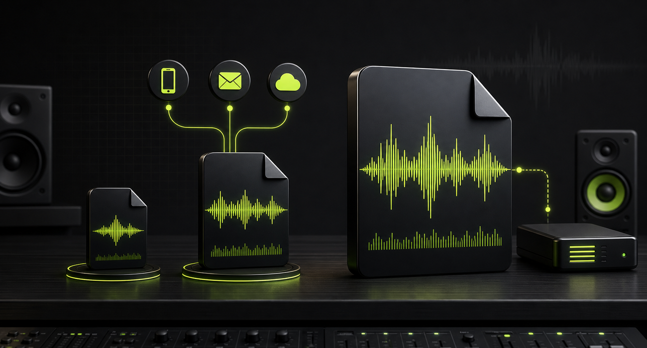 An illustrated comparison of different audio file sizes with the practical mid-sized file connected to phone sharing and cloud storage.