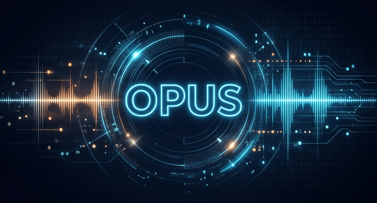 An illustrated laptop and phone audio setup with waveforms and headphones beside the screen.