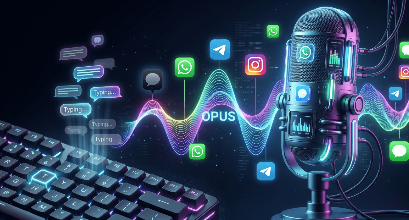 An illustrated phone showing a voice note waveform between chat bubbles and a pair of earbuds.